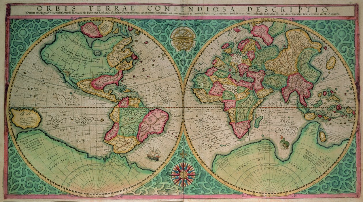 世界地图，选自 1595 年出版的《Atlas sive cosmographicae...》（彩色版画） 作者 杰拉杜斯·墨卡托