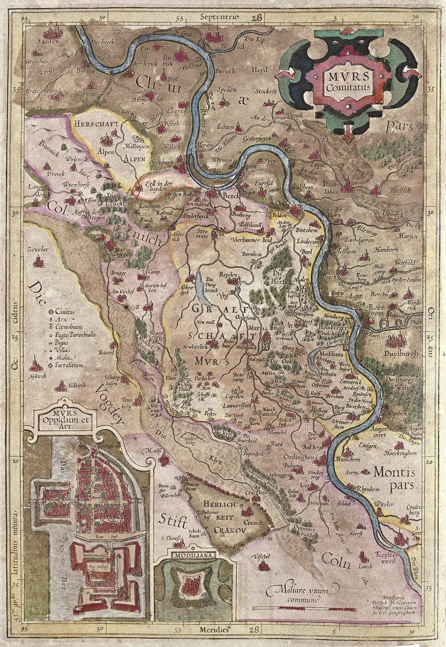 The course of the Rhine river in Westphalia, Germany (engraving 作者 杰拉杜斯·墨卡托