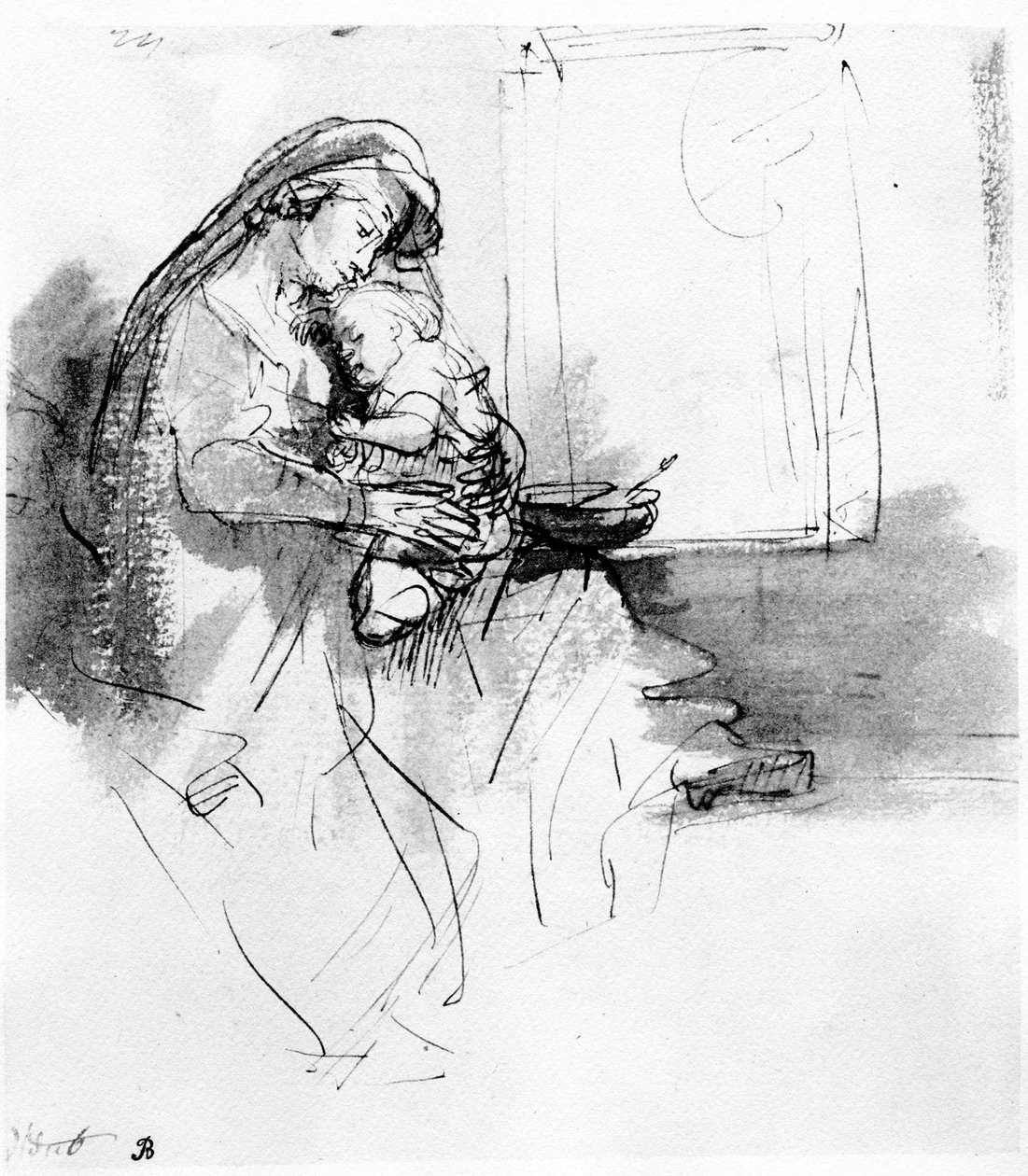母亲和儿童，c.1638（笔，水墨在纸上） 作者 Gerbrand van den Eeckhout