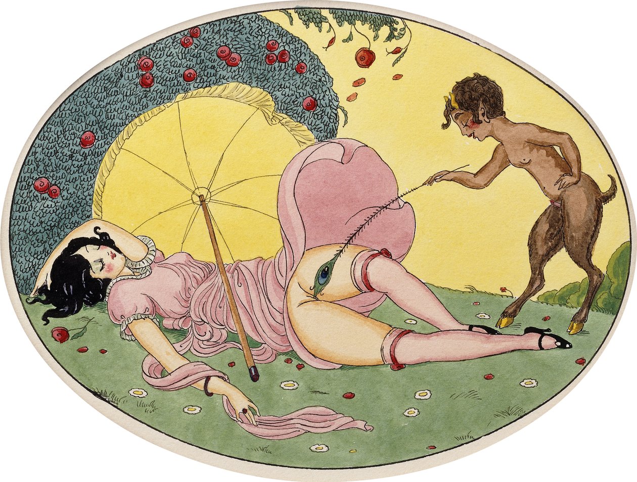 《一个色情狂和年轻女孩》，约1917年（椭圆形卡片上的黑色墨水和水彩画，裱框） 作者 格达·玛丽·弗雷德里克·韦格纳