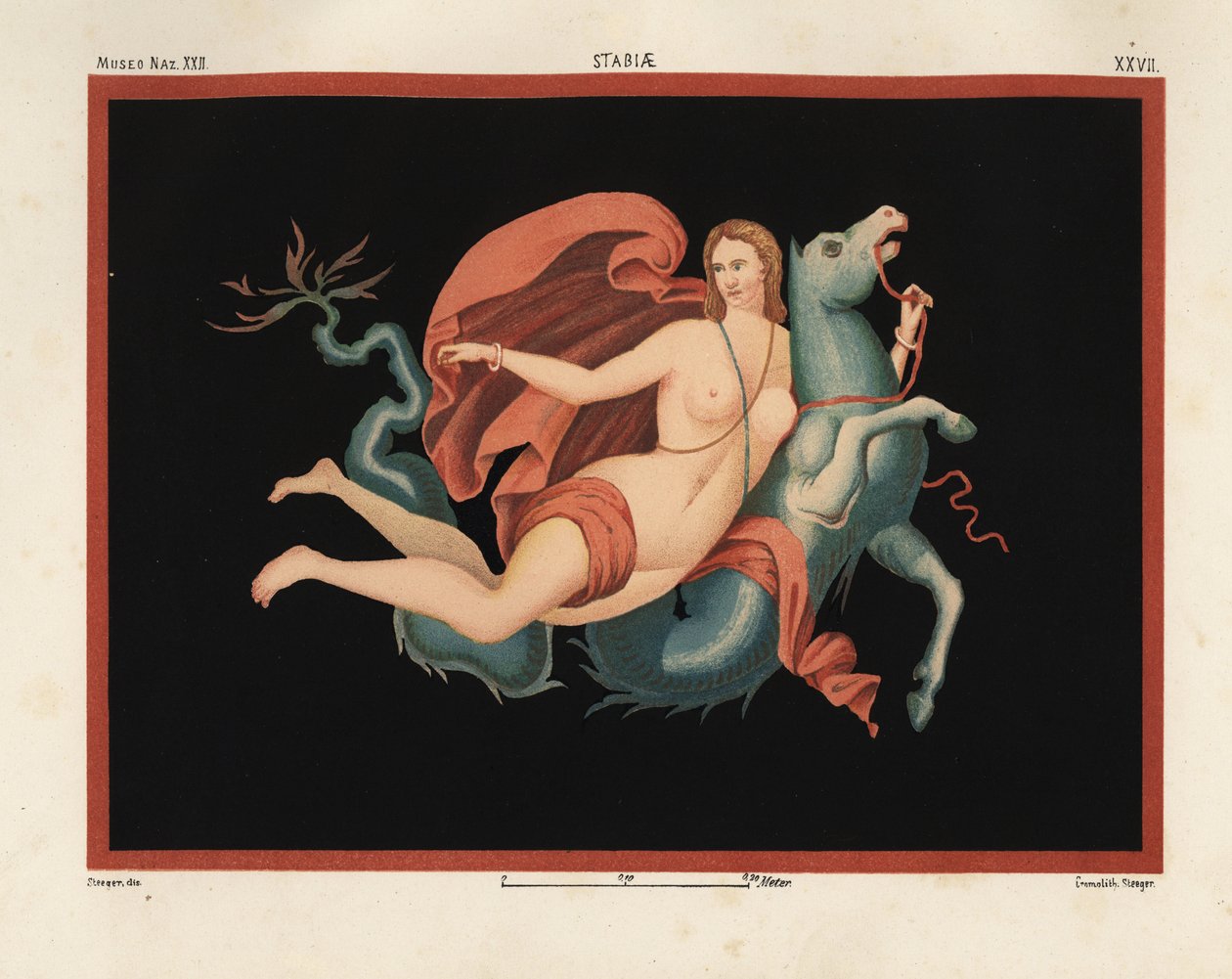 身披幔帐和手镯的海仙女（Nereid）骑在半马半鱼的海怪或海马身上。纳粹博物馆。二十二世纪，斯塔比亚。维克多-斯蒂格（Victor Steeger）根据埃米尔-普苏恩（1844-1878 年）的《庞贝最美的画作》绘制并彩印、 作者 热米娅·迪斯坎诺
