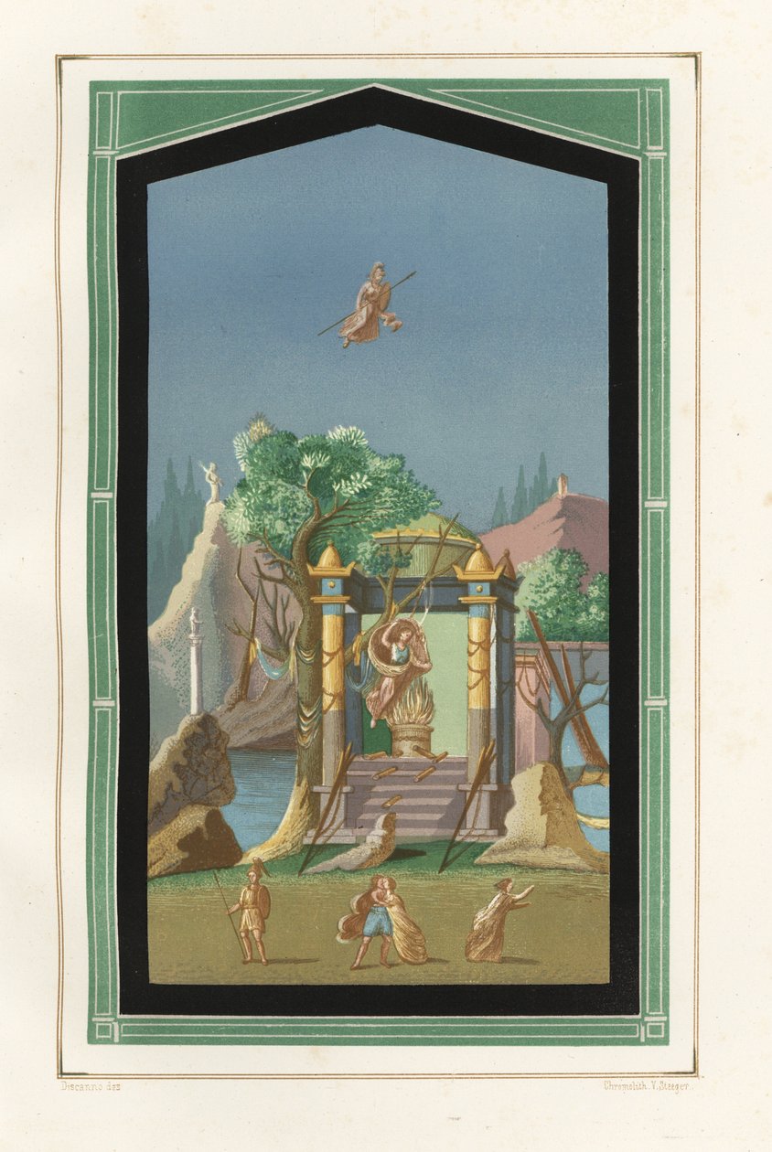 维索尼乌斯·普里穆斯 (Vesonius Primus) 宅邸中的埃塞德拉 (Exedra) 风景画，一幅富勒尔 (Fuller) 作品。 Victor Steeger 的彩色石版画，根据 Geremia Discanno 的插图，来自 Emile Presuhn（1844-1878），莱比锡庞贝古城最美丽的画作 作者 热米娅·迪斯坎诺