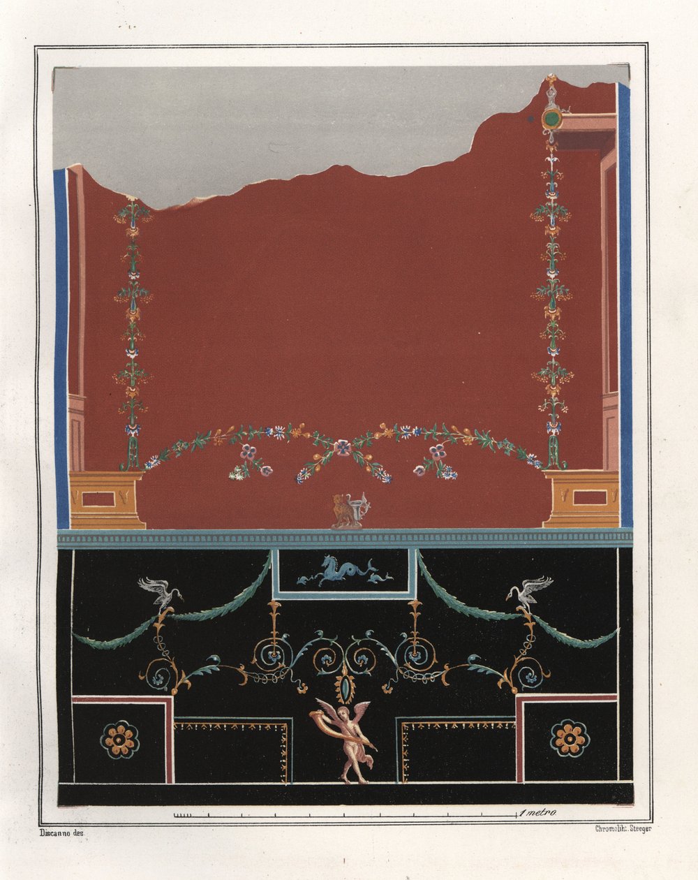 Tryptolemus 宫殿中庭的壁画。VI，Ins.VII，No.18。维克多-斯蒂格（Victor Steeger）根据埃米尔-普苏恩（Emile Presuhn，1844-1878 年）的《庞贝最美的画作》中 Geremia Discanno 的插图绘制的彩色石版画，莱比锡 作者 热米娅·迪斯坎诺