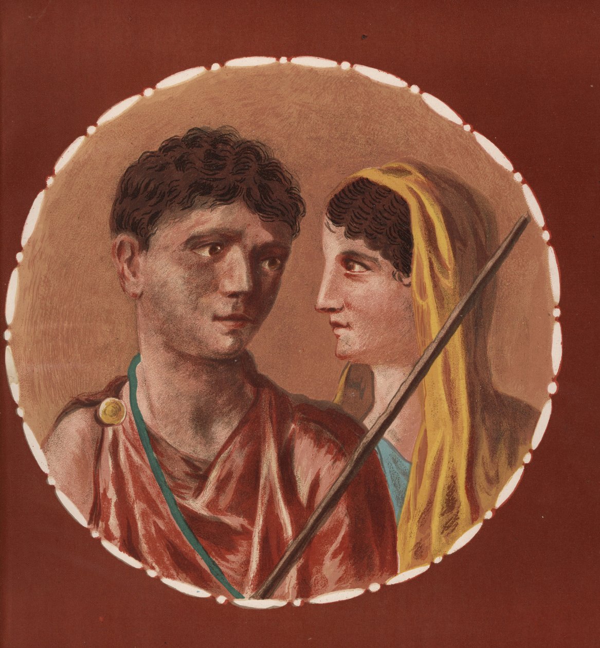 庞贝城一座身份不明的房子里的一男一女的肖像。 Victor Steeger 的彩色石版画，根据 Geremia Discanno 的插图，来自 Emile Presuhn（1844-1878），莱比锡庞贝古城最美丽的画作 作者 热米娅·迪斯坎诺