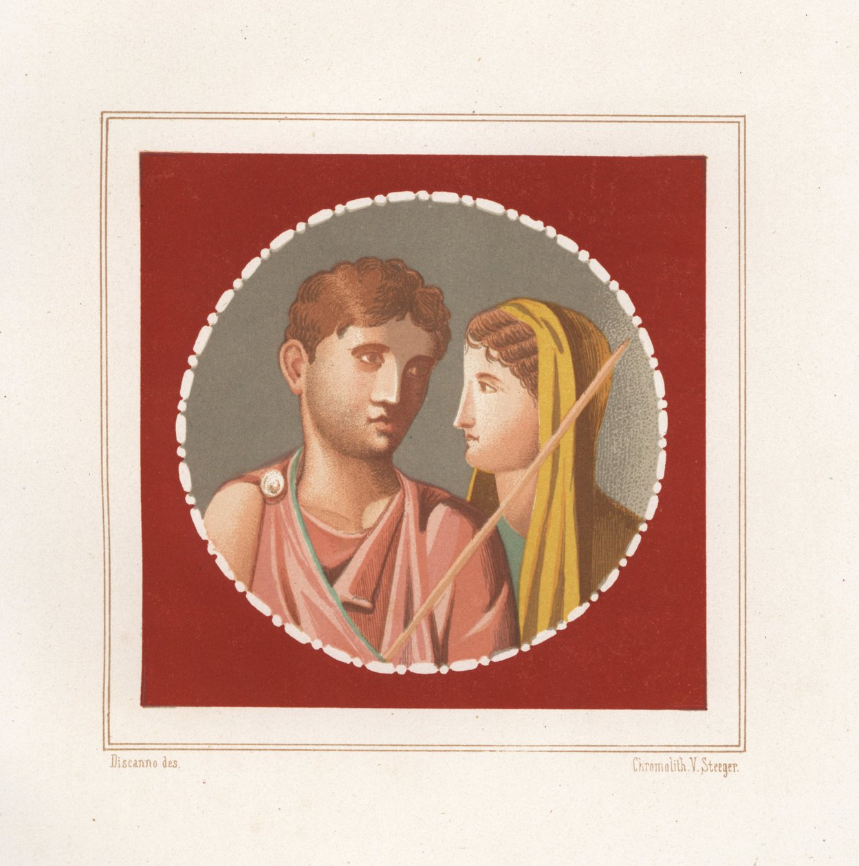 庞贝城一座身份不明的房子里的一男一女的肖像。 Victor Steeger 的彩色石版画，根据 Geremia Discanno 的插图，来自 Emile Presuhn（1844-1878），莱比锡庞贝古城最美丽的画作 作者 热米娅·迪斯坎诺