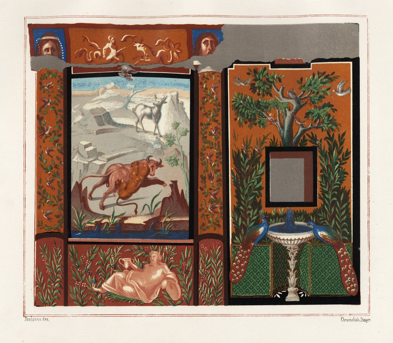 viridarium（花园）中的壁画，画的是老虎攻击公牛，喷泉上有孔雀，出自刻画之家，Regio V，Insula I，N. 18。Victor Steeger 的彩色平版印刷，根据 Geremia Discanno 的插图绘制 埃米尔·普雷苏 作者 热米娅·迪斯坎诺