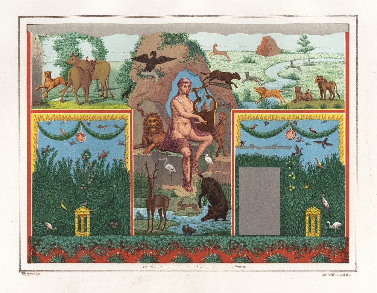 奥尔菲斯与七弦琴的壁画来自维索尼乌斯·普里姆斯家族的花园（花园），是一位漂洗者。 他周围都是动物，包括狮子、美洲狮、野猪、雄鹿、兔子和蓝色火烈鸟。 Victor Steeger 插图后的彩色平版印刷 作者 热米娅·迪斯坎诺