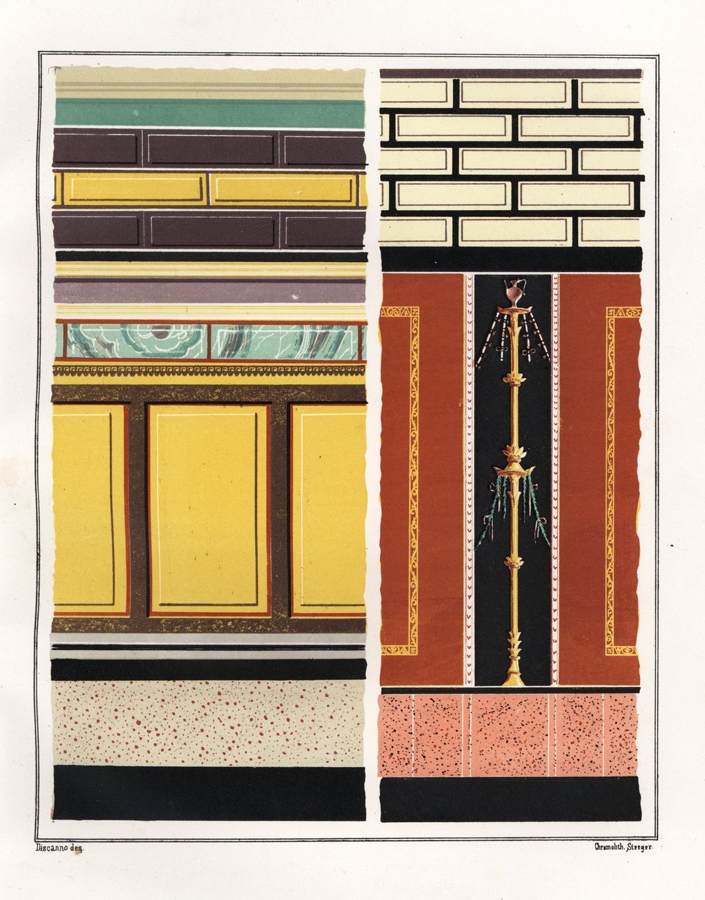 书信室房间的壁画。V，Ins.1，No.18。左侧为中庭壁画，右侧为前厅壁画。维克多-斯蒂格（Victor Steeger）根据埃米尔-普苏恩（Emile Presuhn）的插图（1844 年）绘制的色版画。 作者 热米娅·迪斯坎诺