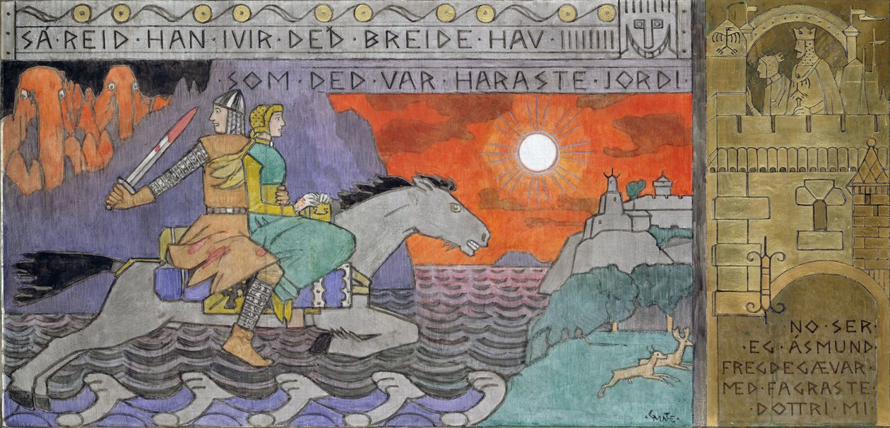 阿斯蒙德和公主骑马回家 - Munthe, Gerhard (1849-1929) - 1902-1904 - 布面油画 - 62x126,5 - 奥斯陆国家艺术博物馆 作者 格哈德·彼得·弗朗茨·菲尔赫姆·蒙特