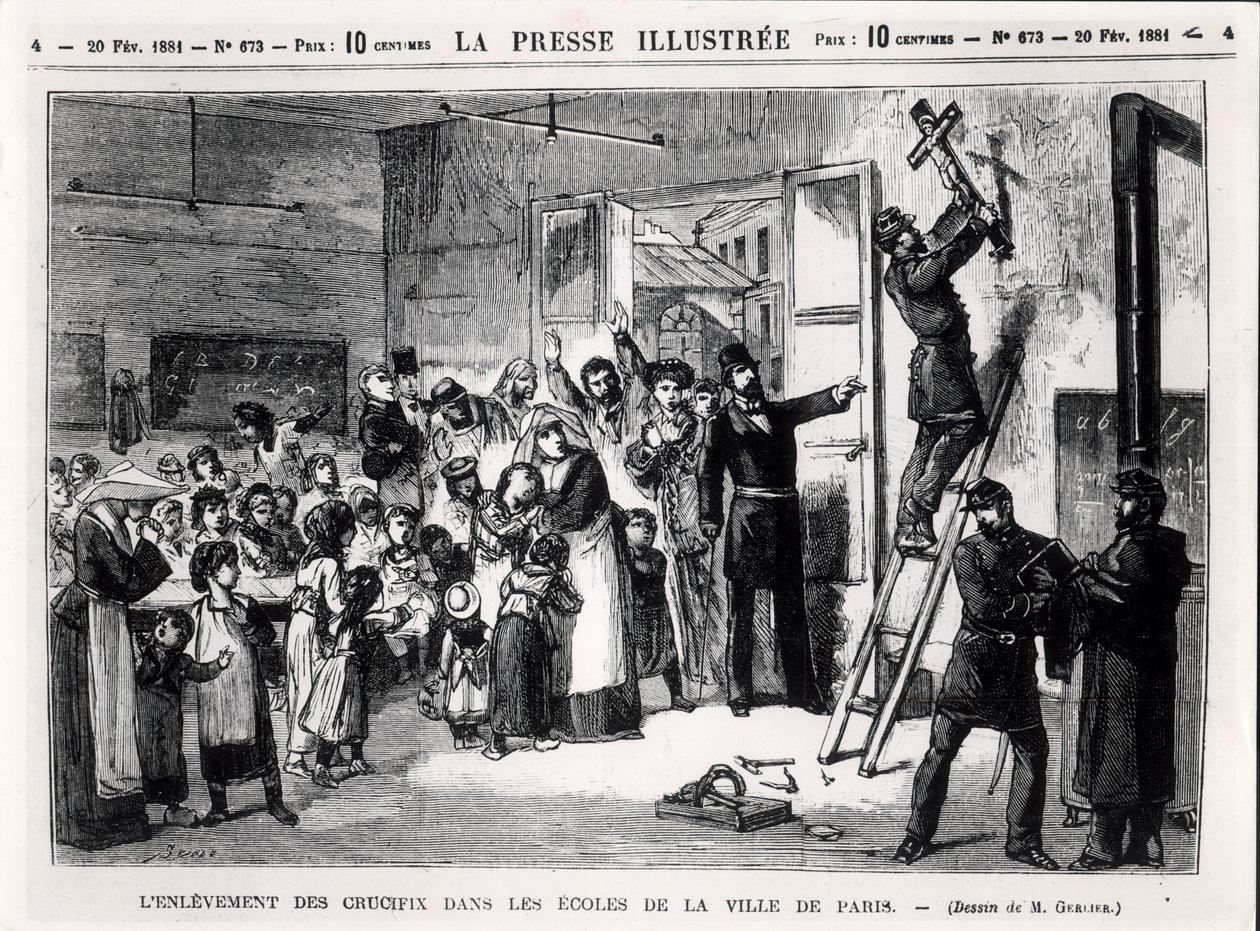 从1881年2月20日的“La Presse Illustree”中删除巴黎学校的十字架 作者 杰里尔