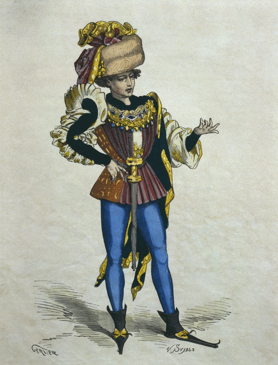 年轻优雅的男人在1480年，插图来自&39;服饰巴黎一个travers les siecles&39;由H. Gourdon de Genouillac，由Stablo（19世纪）刻（彩色雕刻） 作者 杰里尔