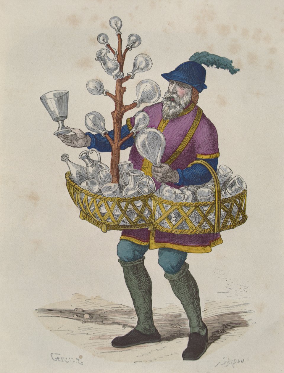 十五世纪的玻璃和水晶卖家，1887年出版的Travers les Siecles的Costumes de Siecles（彩色版画） 作者 杰里尔
