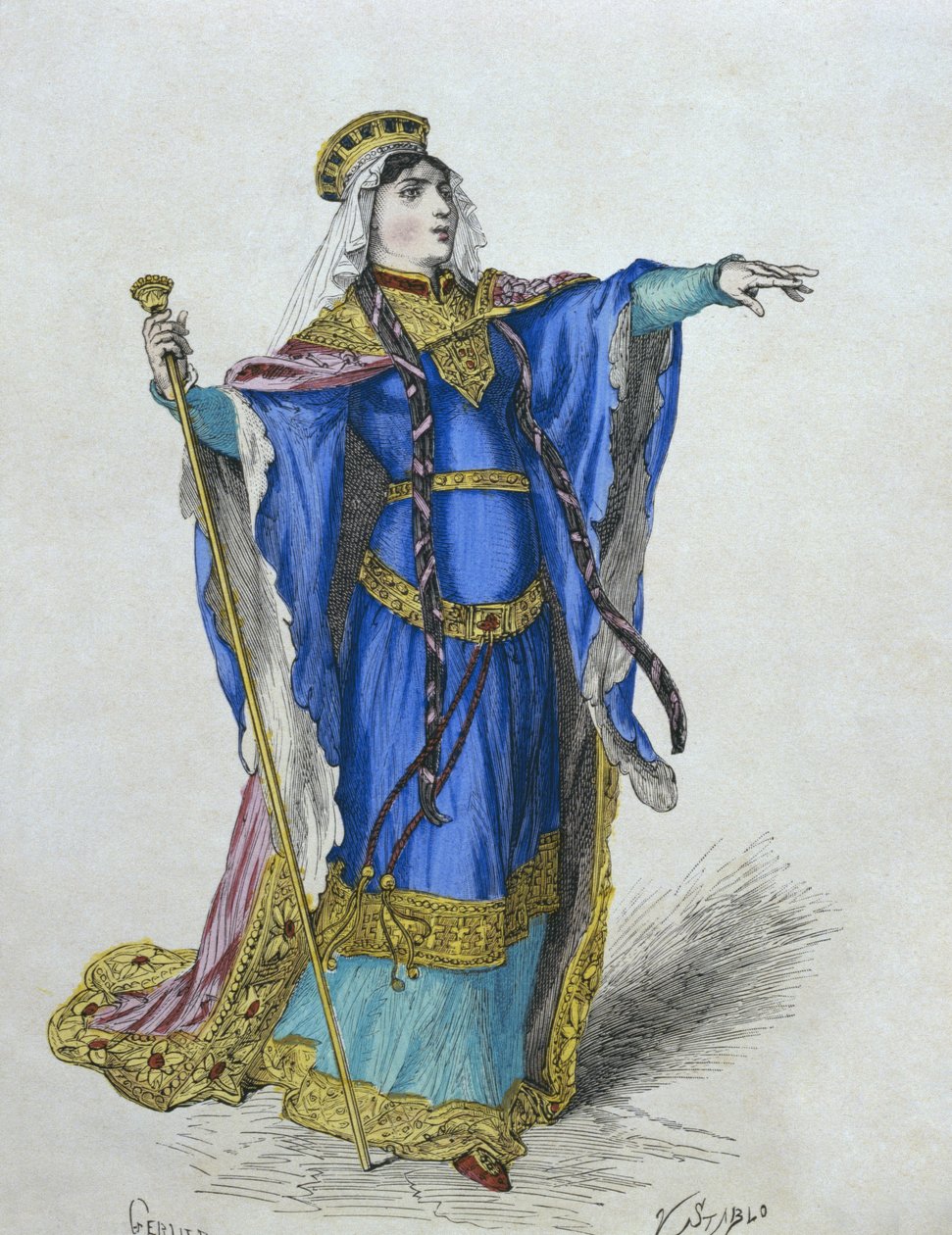 Merovingian女王，来自&39;Gourdon de Genouillac的&39;Costumes de Paris a travers les siecles&39;的插图，由Stablo（19世纪）雕刻（彩色雕刻） 作者 杰里尔