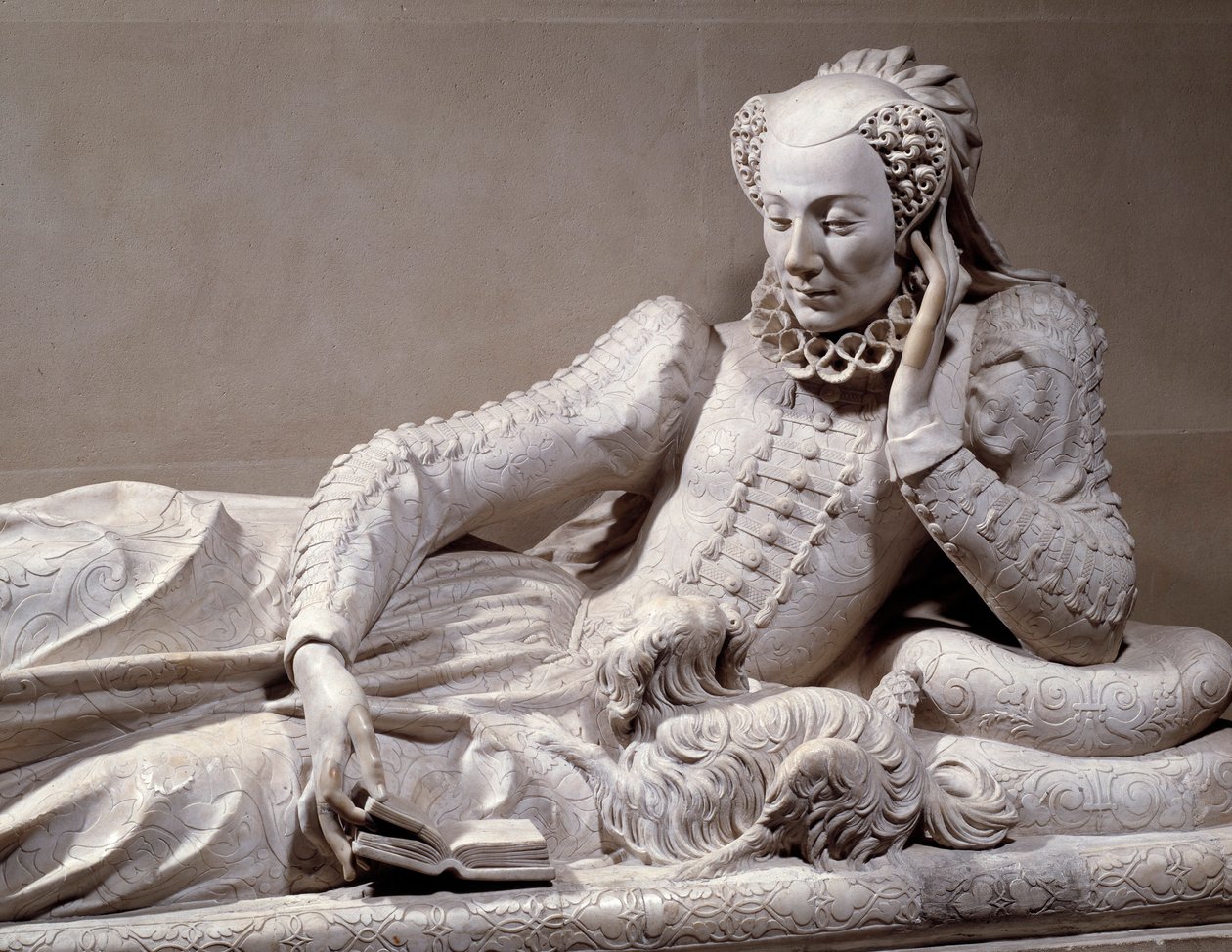Funeral monument: Tomb with liking of Jeanne Valentine Balbiani (1518-1572), wife of Cardinal Rene de Birague (1506-1583), Chancellor of France. Detail. Marble sculpture by Germain Pilon (1535 - 1590), circa 1573. Paris, Musee Du Louvre 作者 杰曼·皮隆
