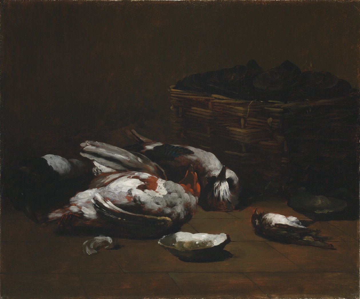 有死鸟和一篮牡蛎的静物，约 1860 - 1880 年（布面油画） 作者 热尔曼·里伯特