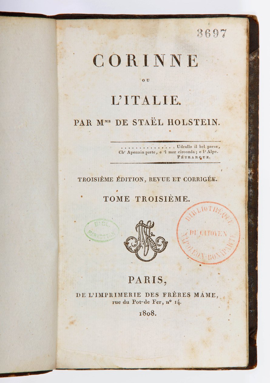 Corinne ou lItalie的标题页，第3卷，第3卷，Imprimerie des Freres Mame，巴黎，1808年（印刷纸） 作者 Germaine de Stael