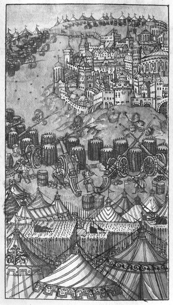 攻击强化城镇，16世纪晚期Wolff de Senftenberg的&39;L&39;Art de l&39;Artillerie&39;插图（铅笔和纸上写的） 作者 德国学校