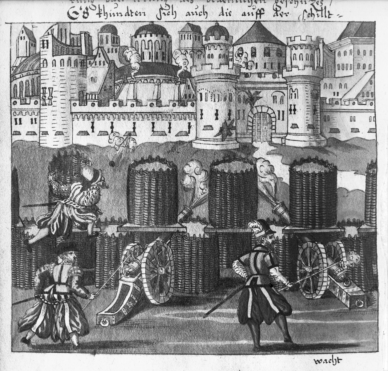 攻击强化城镇，16世纪晚期Wolff de Senftenberg的&39;L&39;Art de l&39;Artillerie&39;插图（铅笔和纸上写的） 作者 德国学校