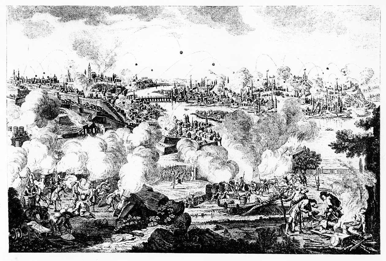 1757年5月29日和30日夜间布拉格轰炸，由P. Benazech雕刻 作者 德国学校