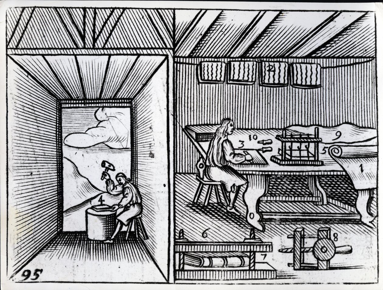 书籍装订，来自John Amos Comenius的&39;Orbis Sensualium Pictus&39;的插图，英文版于1659年出版 作者 德国学校