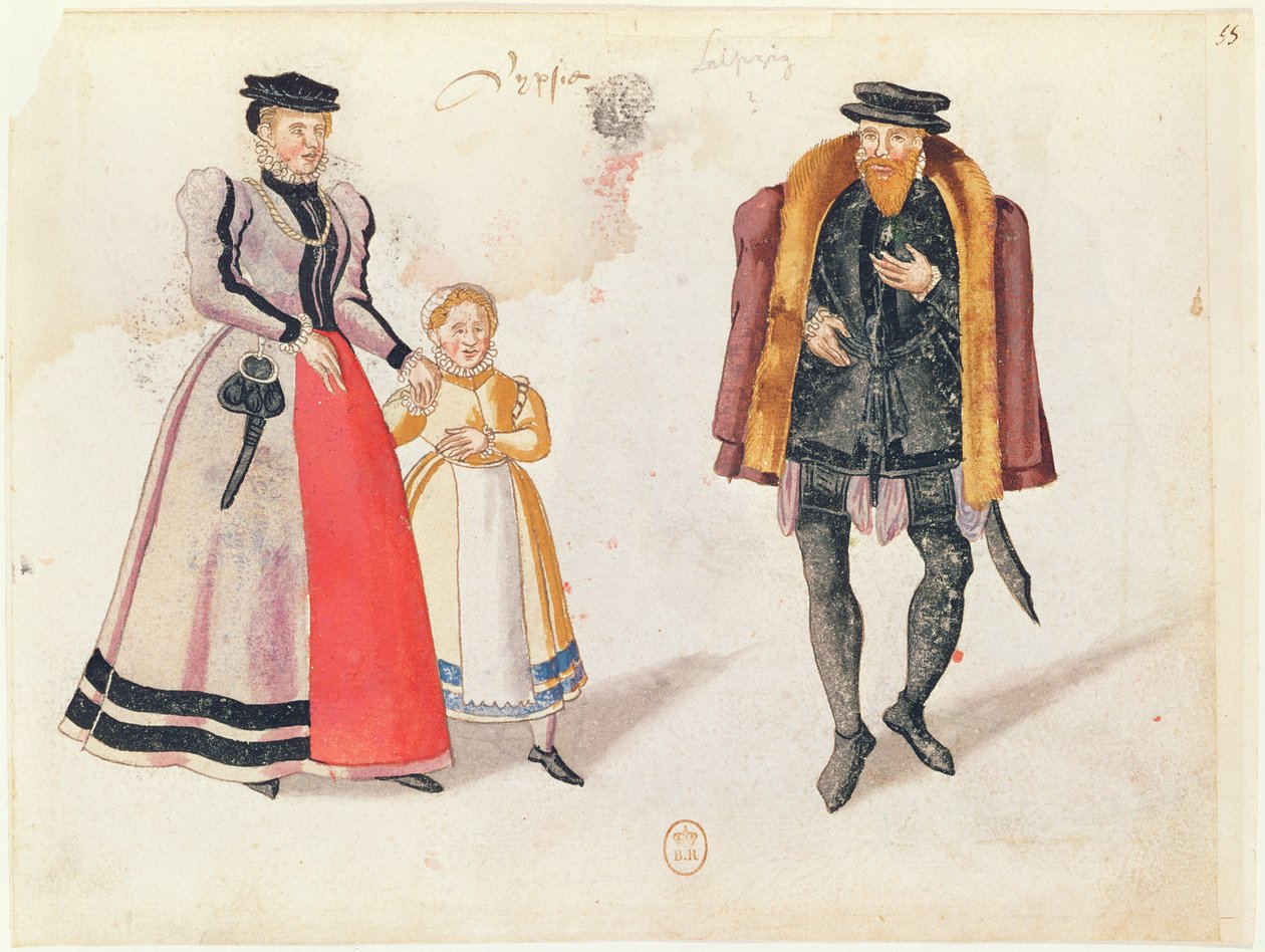 莱比锡公民，1572年（彩色雕刻） 作者 德国学校