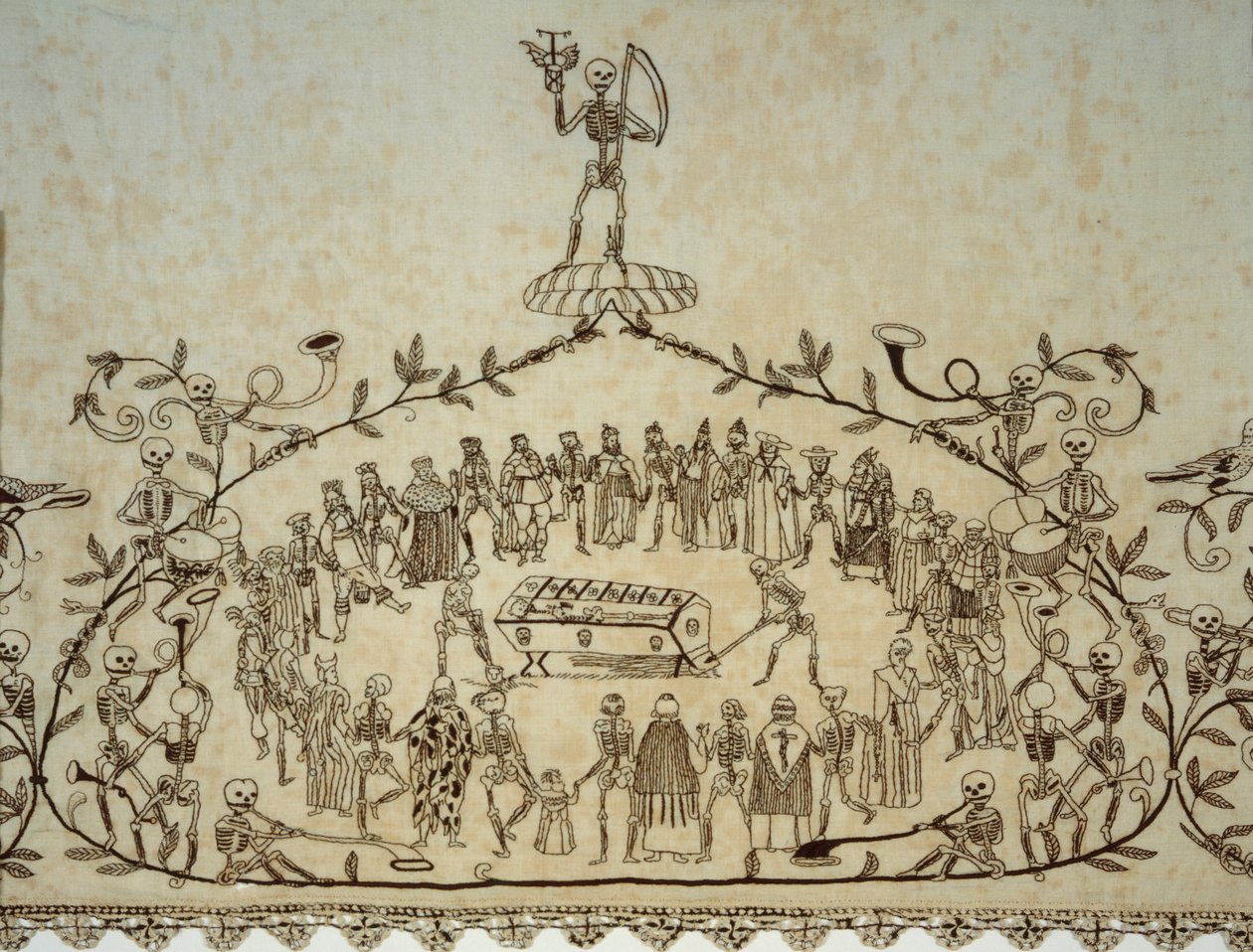 Kassler Totentanztuch Shroud，1635-37（亚麻，丝绸和蕾丝）的细节 作者 德国学校
