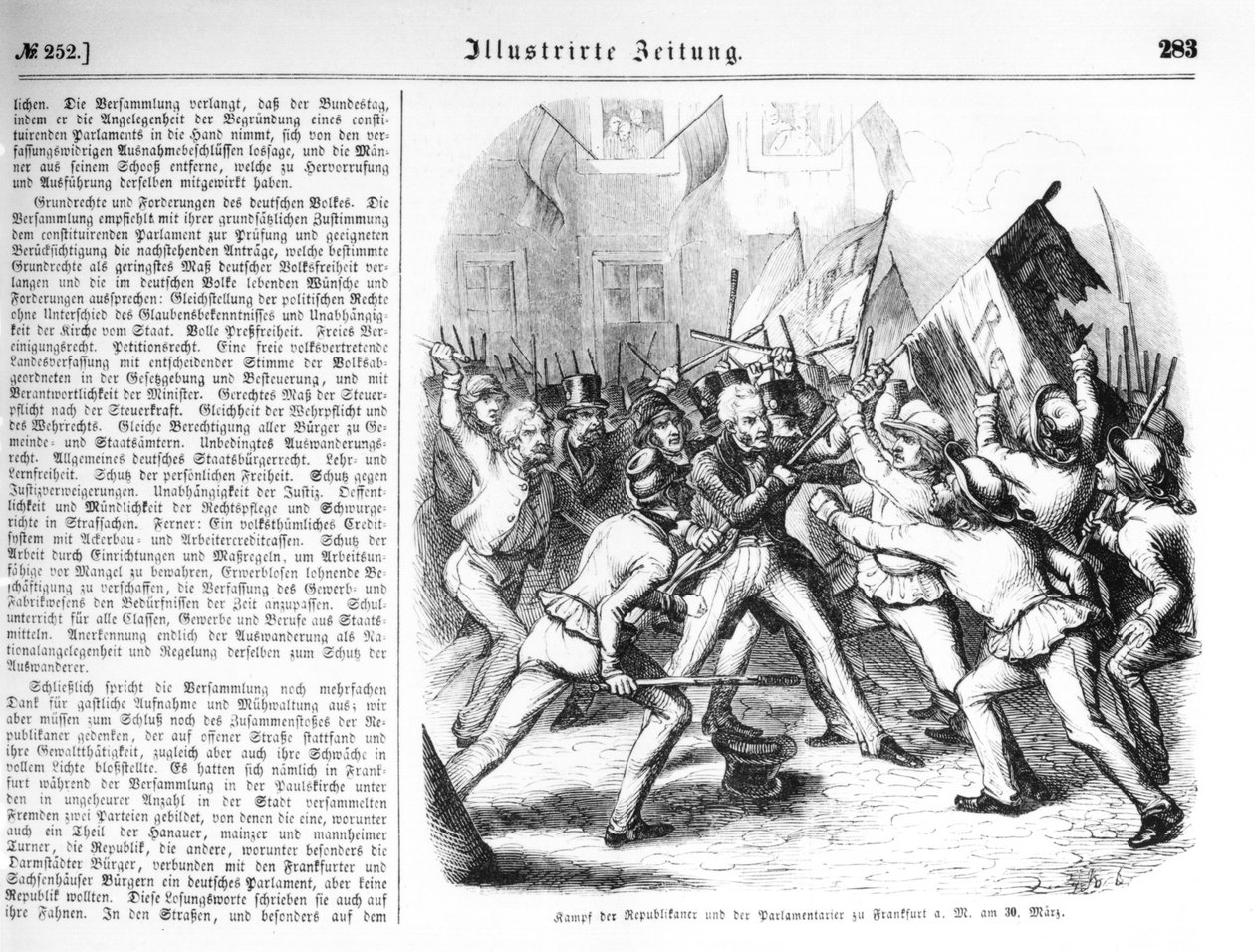 1848年3月30日共和党人与法兰克福议会议员之间的战斗，来自&39;Illustrierte Zeitung&39;的插图 作者 德国学校