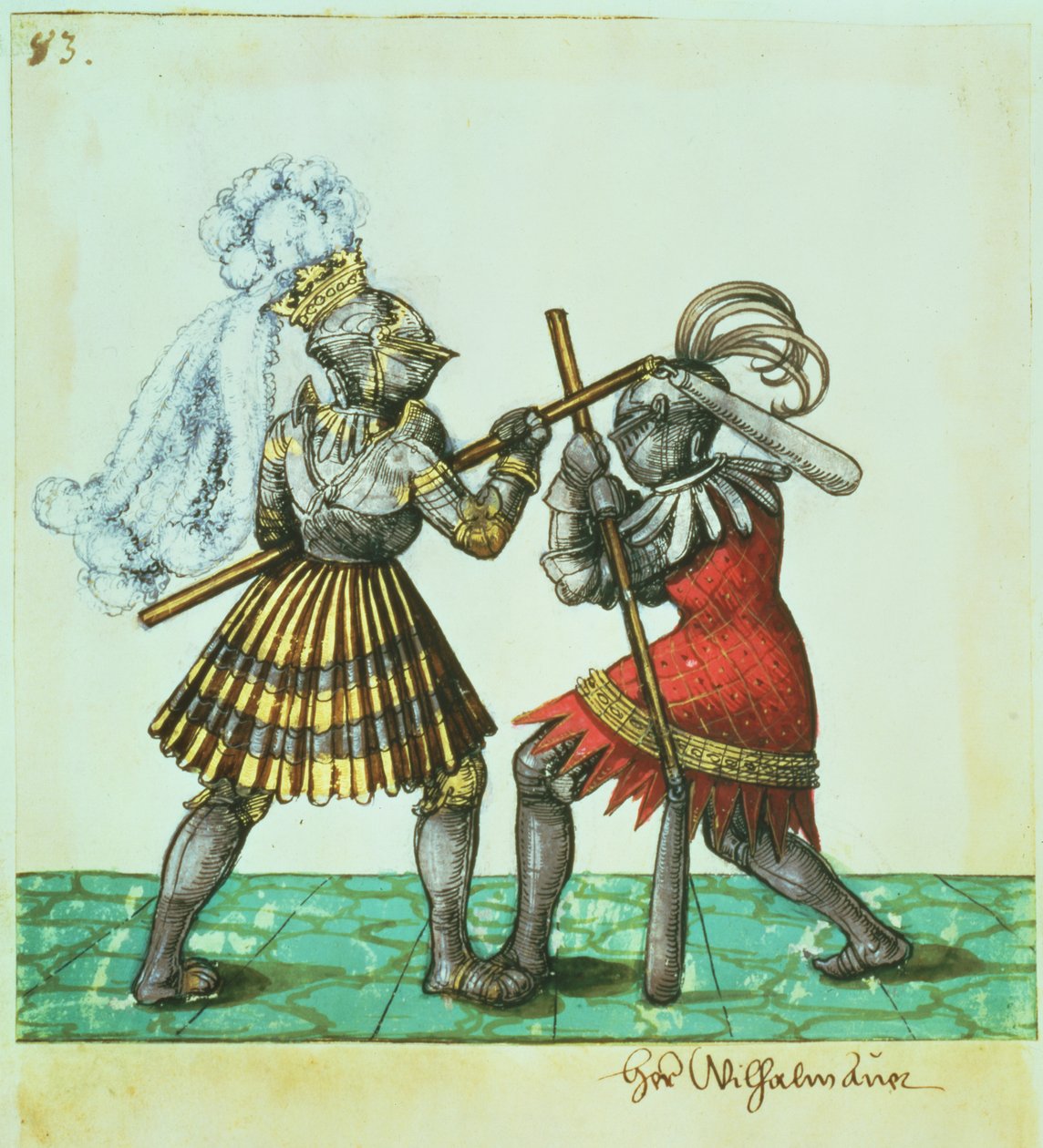 Fol.83德国皇帝马克西米利安一世（1459-1519）从&39;Freydal Codex&39;开始进行人对人战斗 作者 德国学校