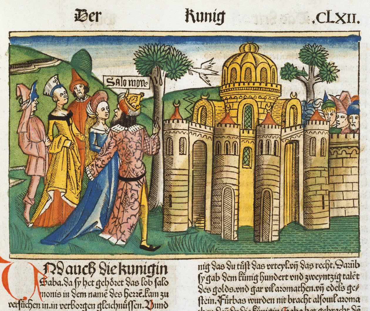 I Kings 10 1-13 Sheba女王访问所罗门，来自纽伦堡圣经（Biblia Sacra Germanaica）（彩色木刻） 作者 德国学校