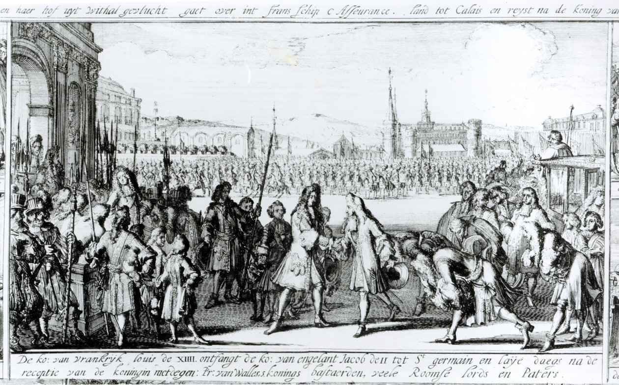 路易十四国王（1638-1715）在Saint-Germain en-Laye接受詹姆斯二世（1633-1701） 作者 德国学校