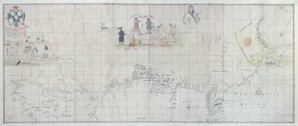 西伯利亚地图，1729年（手工彩色雕刻） 作者 德国学校