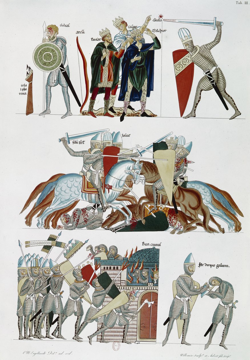 Facs 227 pl.3 The Magi，Joshua and the Siege of Dan，来自Herrade de Landsberg的Hortus Deliciarum，12世纪手稿的传真副本（笔和墨水在纸上） 作者 德国学校
