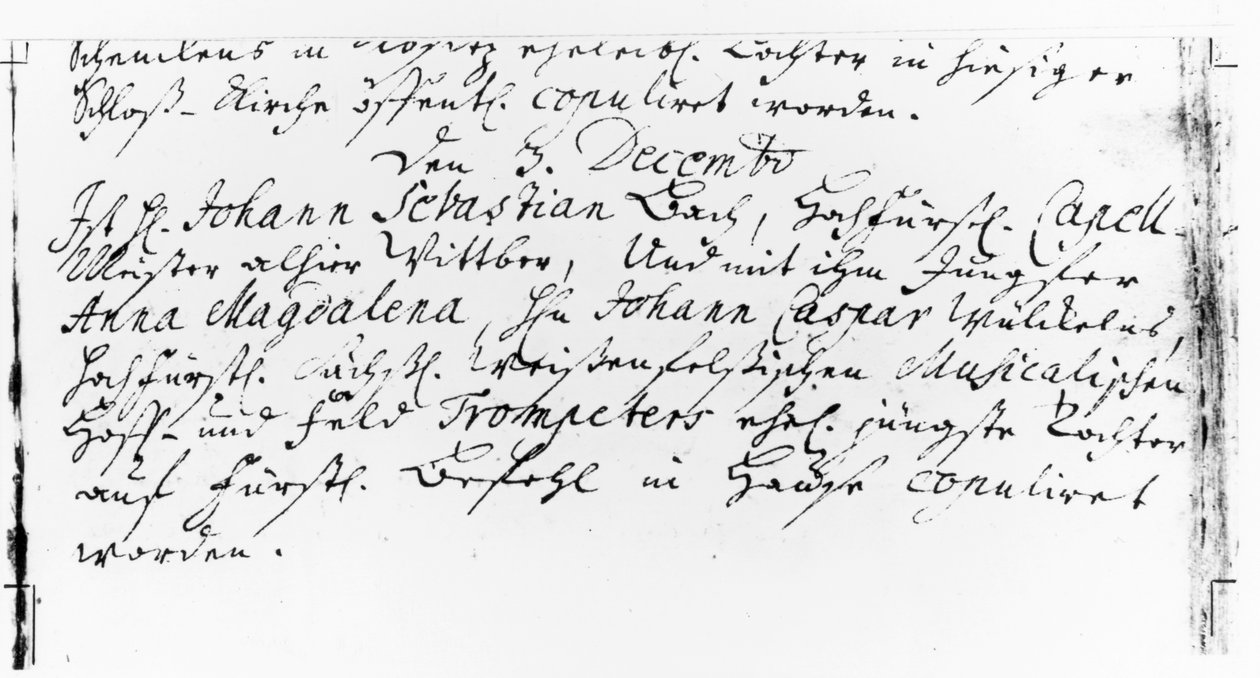 1721年12月3日在Koethen的Jacobskirche教区，安娜·玛格达莱娜·威克尔恩的婚礼登记了巴赫的婚礼（笔墨在纸上） 作者 德国学校
