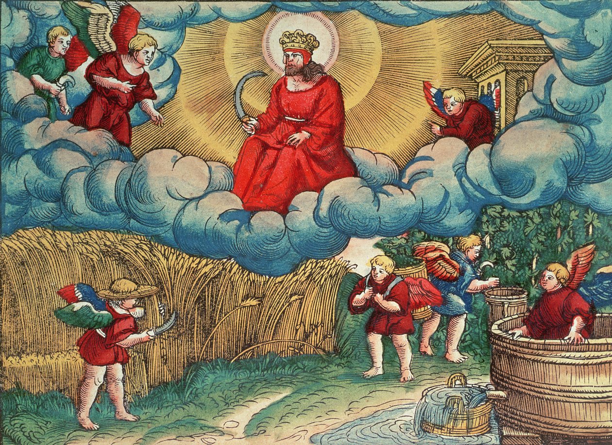 启示录14:14收割者，世界末日的异象，来自路德圣经，1530年（彩色木刻） 作者 德国学校
