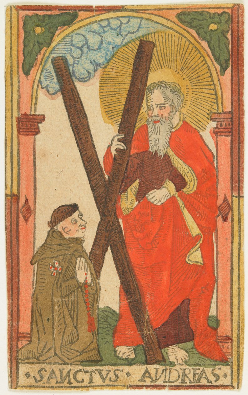 圣安德鲁与和尚（Elsass），c.1500（手工彩色木刻） 作者 德国学校