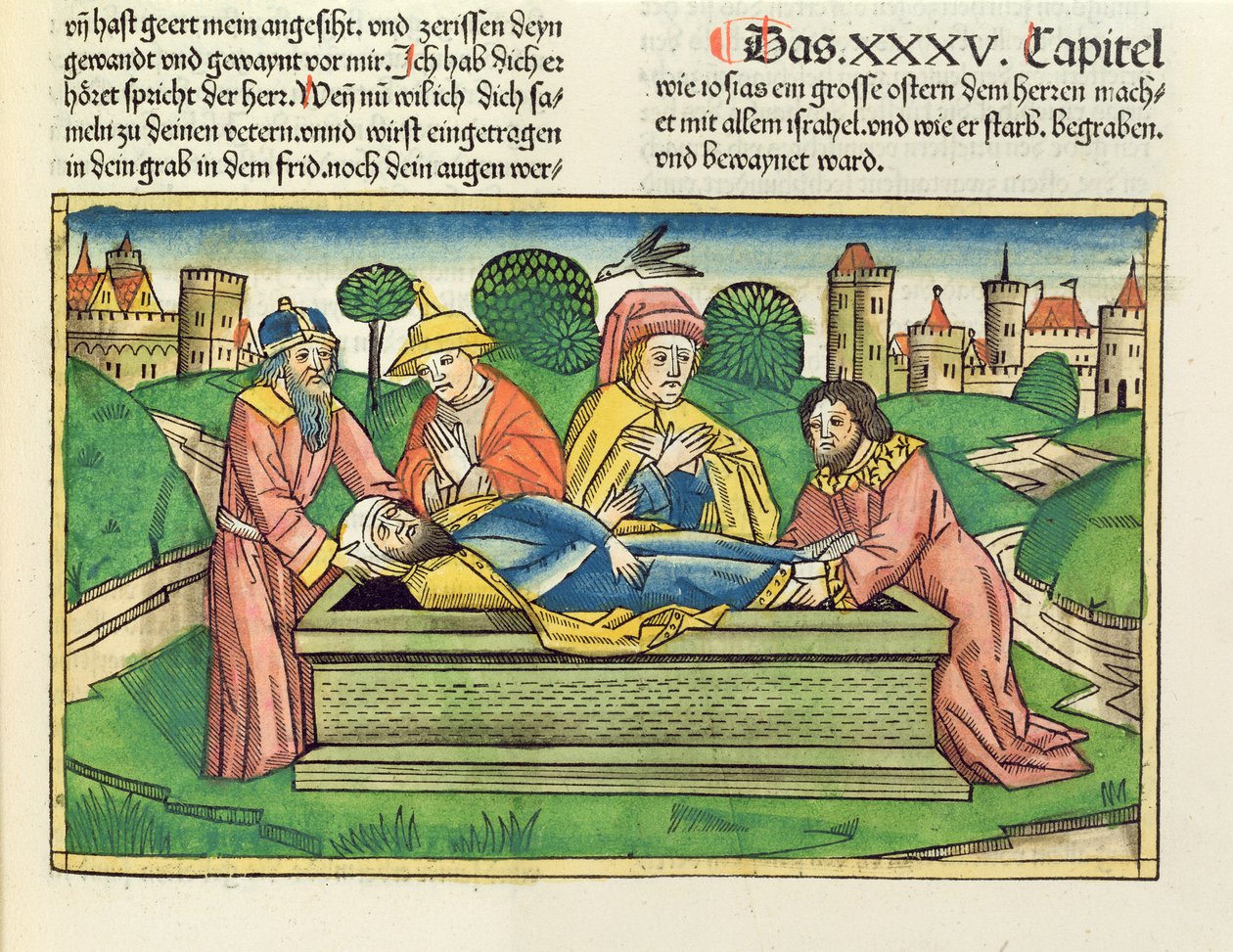 历代志下35 24约西亚的葬礼，来自纽伦堡圣经（Biblia Sacra Germanaica）（彩色木刻） 作者 德国学校