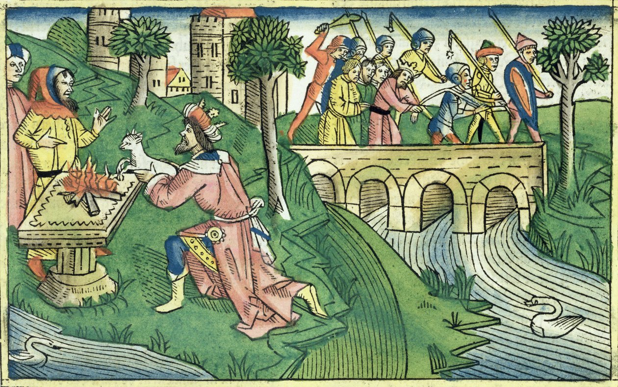 列王纪下16 9-16从纽伦堡圣经（Biblia Sacra Germanaica）（彩色木刻）中取出大马士革人民的俘虏 作者 德国学校