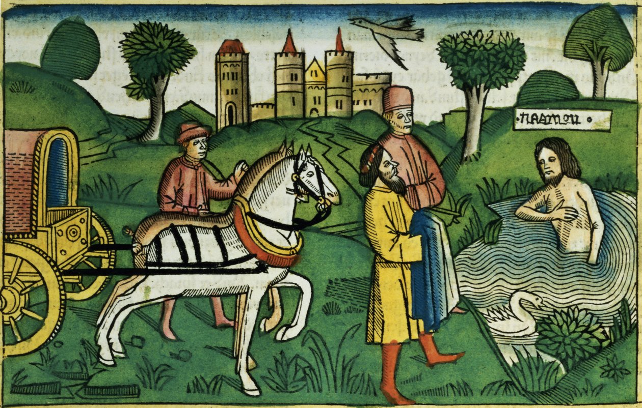 2 Kings 5 14从纽伦堡圣经（Biblia Sacra Germanaica）中清洗Naaman（彩色木刻） 作者 德国学校