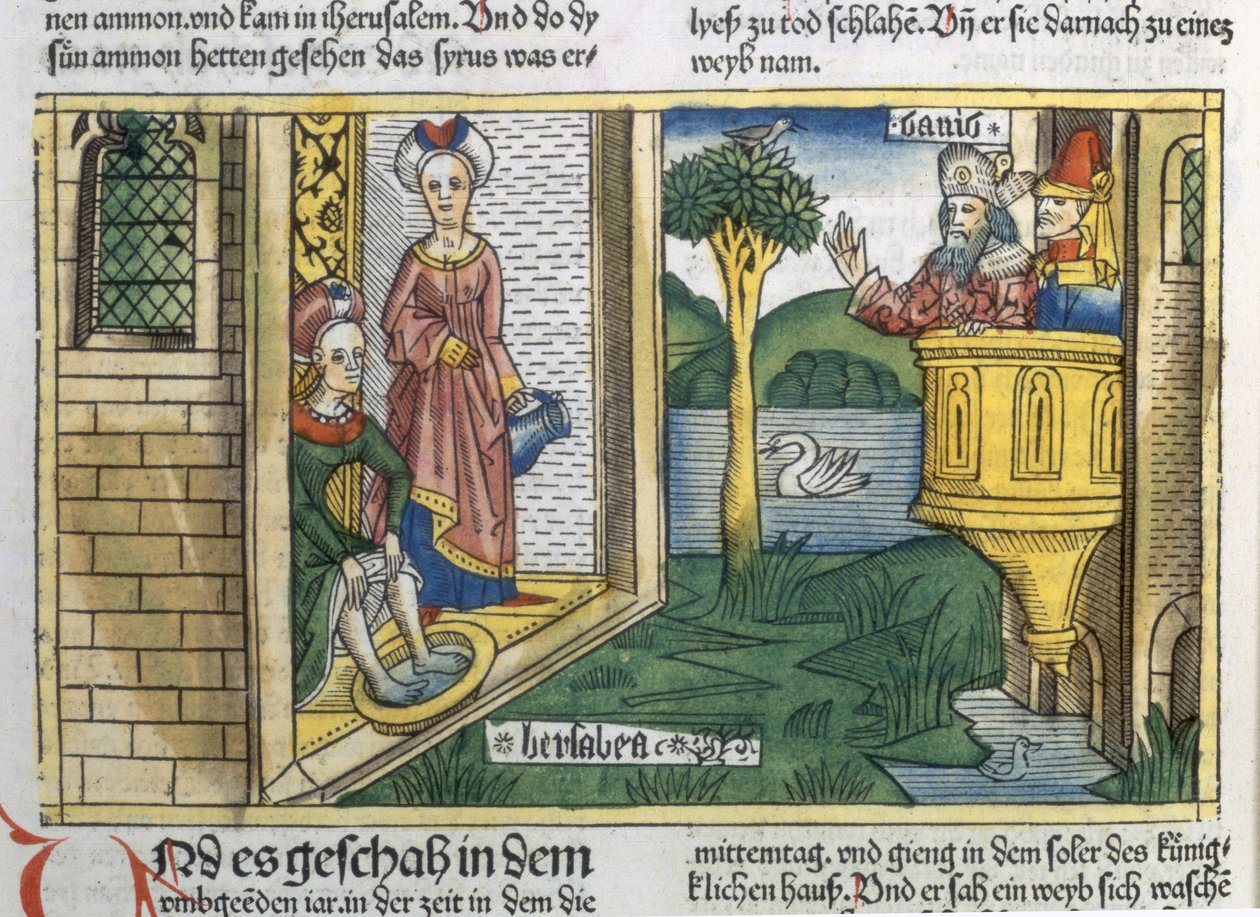 撒母耳记下11 1-5大卫从纽伦堡圣经（Biblia Sacra Germanaica）看到芭丝谢芭沐浴（彩色木刻） 作者 德国学校