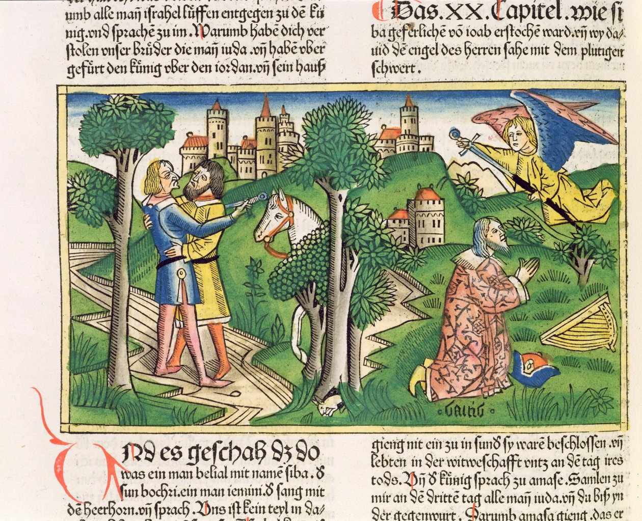 撒母耳记下 20 10 约押杀死亚玛萨，选自 "纽伦堡圣经（Biblia Sacra Germanaica）"（彩色木刻画） 作者 德国学校