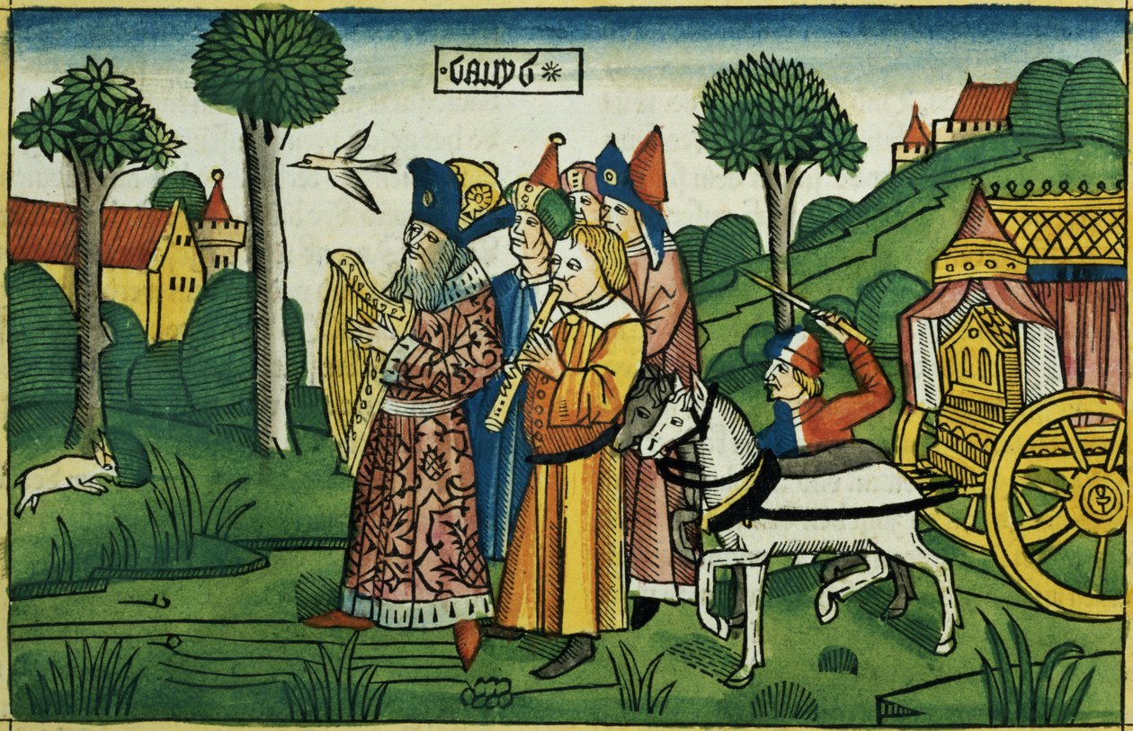 撒母耳记下6 1-5大卫从纽伦堡圣经（Biblia Sacra Germanaica）（彩色木刻）将方舟带到耶路撒冷 作者 德国学校