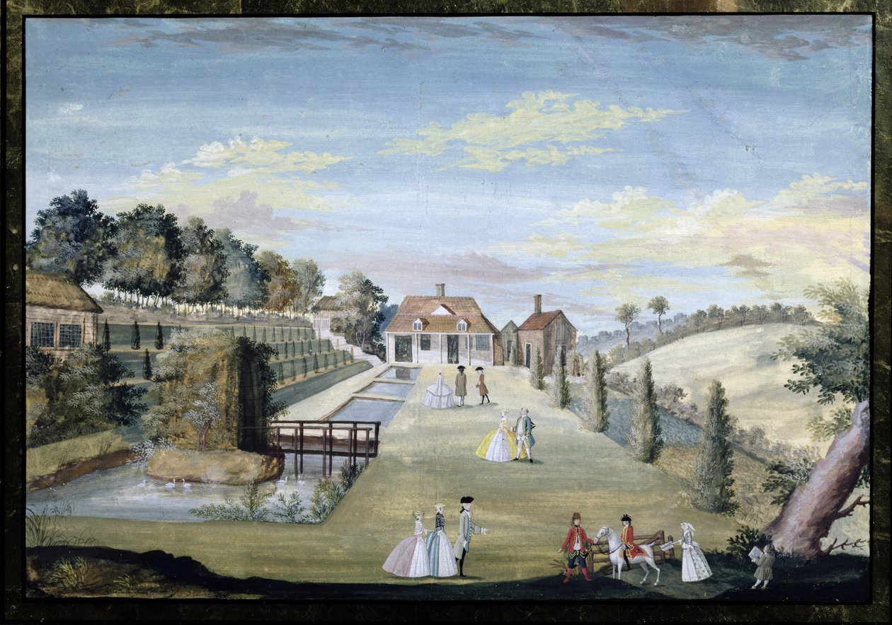 一个正式的水上花园，露台，水上花坛和游行人物，c.1730 作者 德国学校