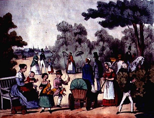 夏天的德国公园，约1860年（彩色雕刻）。 作者 德国学校