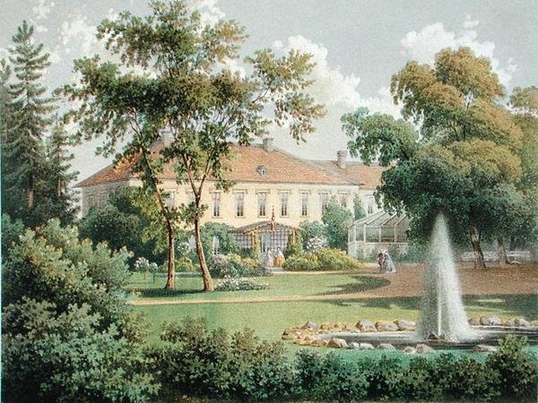 一个德国花园，出自《Die Landlichen Wohnsitze, Schlosser und Residenzen de Ritterschaftlichen Grundbesitzer in der Preussichen Monarchie》，约1852-63年出版（彩色平印）。 作者 德国学校
