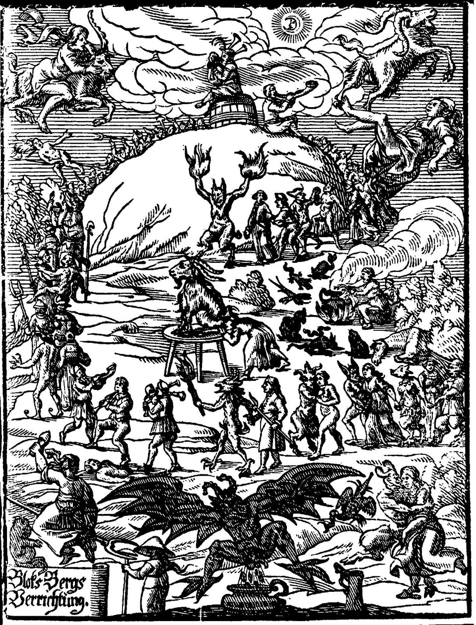 一个安息日仪式，一只代表魔鬼的山羊在中心，被女巫和恶魔包围。 16 世纪的德国版画 作者 德国学校