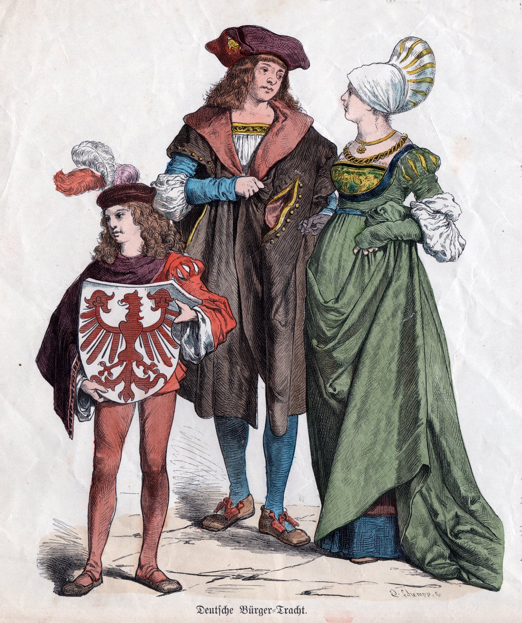 资产阶级家庭。 来自德国“Munchener Bilderbogen”的十六世纪德国服装，约 1880 年（雕刻） 作者 德国学校