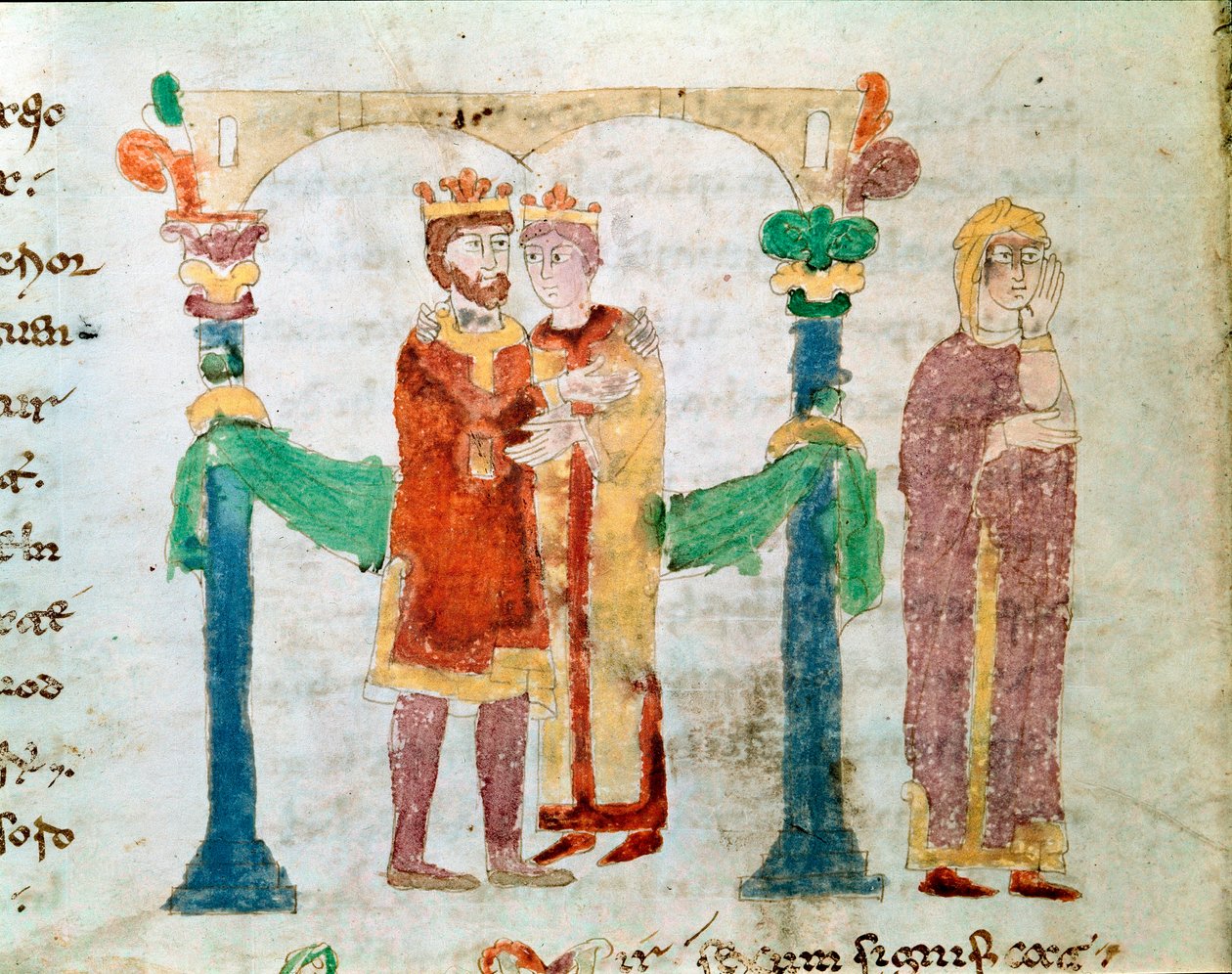 A miniature marriage from the manuscript “” De Universo” or “” De rerum naturis”” (Of the Nature of Things) by Rabanus Maurus Magnentius (or Raban Maur or Rabano Mauro, circa 780-856). Archive of Monte Cassino Abbey (Mount Cassin) 作者 德国学校
