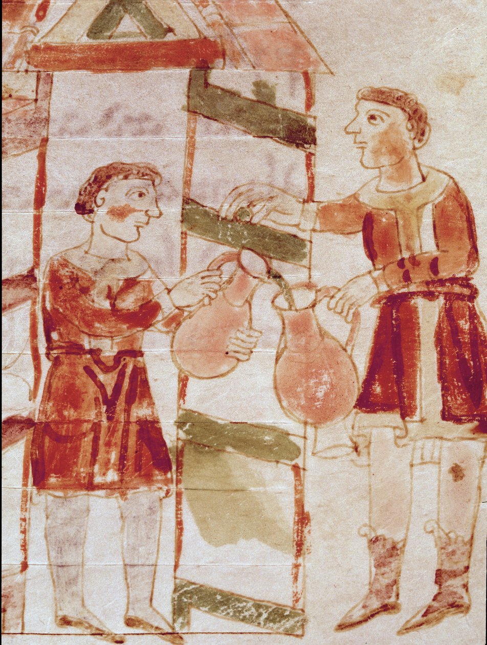 取自 Rabanus Maurus Magnentius（或 Raban Maur 或 Rabano Mauro）卷“”De tabernae”，手稿“De Universo”（或 De rerum naturis (Of the Nature of Things)）（cod. 132）的微型酒商 （约 780-856 年）。 9世纪。 蒙特档案馆 作者 德国学校