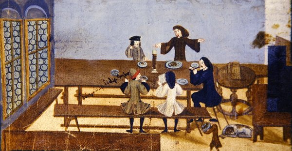 酒馆内部场景，人物饮酒，约1690年（纸上水粉画） 作者 德国学校