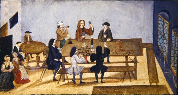酒馆内部场景，人物在玩牌，约1690年（纸上水粉画） 作者 德国学校